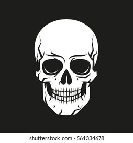 White skull in cartoon style on a black background. Vector illustration.