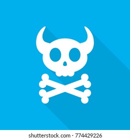 White skull with crossbones. Abstract skull with long shadow, on blue background. Vector illustration
