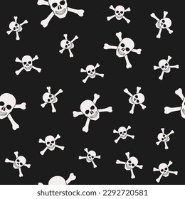 A white skull with crossbones on a black background. Seamless pattern. The human skeleton and anatomy. Vector illustration.