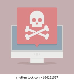 white skull with crossbones on the computer screen. cybercrime Concept of virus, piracy, hacking and security, eps10 vector