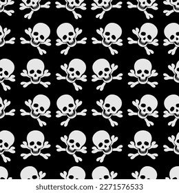 White skull and crossbones. Repeating vector pattern. Pirate symbol seamless pattern. Part of the skeleton. Isolated black background. Jaw with straight teeth. Hollows instead of eyes and nose