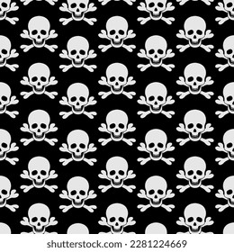 White skull and crossbones. Repeating vector pattern. Pirate symbol seamless pattern. Part of the skeleton. Isolated black background. Jaw with straight teeth. Hollows instead of eyes and nose. 