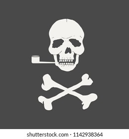 White skull with crossbones smokes a pipe isolated on a black background. Sign of the pirates. World No Tobacco Day. Template for card, banner, website, health portal. Vector illustration