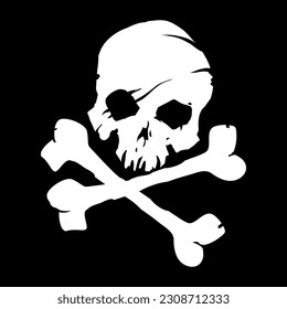 White skull with crossed bones icon illustration. Comic style. T-shirt print for Horror or Halloween. Hand drawing illustration isolated on black background. Vector EPS 10