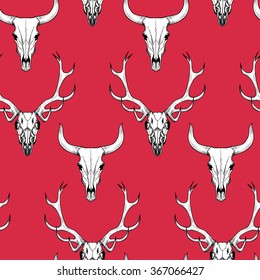 White skull of a deer and a bull on red background Vector seamless pattern