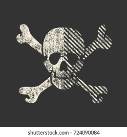 White skull with dirty shapes on grunge black background. Caution sign