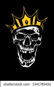 White skull in gold crown looking mad with open mouth on black background. Vector art. 