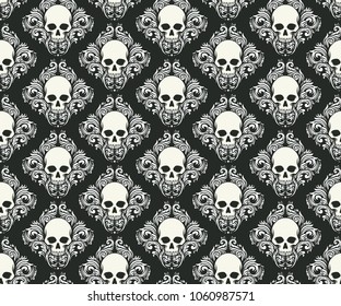 white skull head bones combination with white floral and leafs diagonal seamless pattern on black background