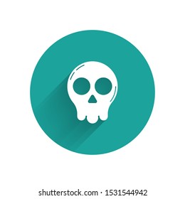 White Skull icon isolated with long shadow. Happy Halloween party. Green circle button. Vector Illustration