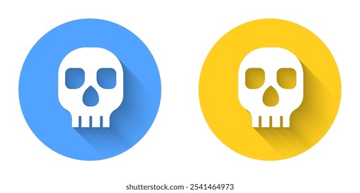 White Skull icon isolated with long shadow background. Happy Halloween party. Circle button. Vector