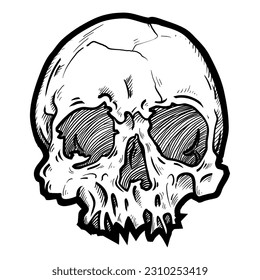 White skull illustration. Goth style. T-shirt print for Horror or Halloween. Hand drawing illustration isolated on white background. Vector EPS 10.