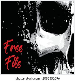 White skull illustration on black background, t-shirt print vector graphics