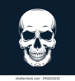 White skull with a lower jaw on a dark background. Vector illustration.