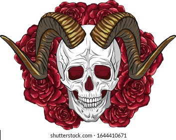 White skull, ominous red empty eye sockets. Horned Toothy Monster. Golden brown horns. Scary smiling face. Dice on a background of red flowers. Symbol of Horror. Isolated vector.