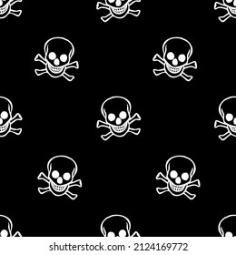 White skull on black background textured seamless pattern for wrap gift box , Pattern for tablecloth, duvet cover, blanket, or other textile print.