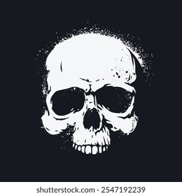 White skull on black background in grunge style. Human skull head stencil with textured effect of spray paint. Ideal for t-shirt print, poster design. Vector illustration