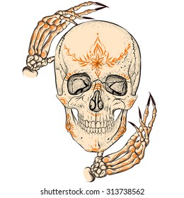 White skull with ornament on white background.Bone palms.Gold ornament.
