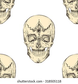 White skull with ornament on white background.Seamless pattern background.