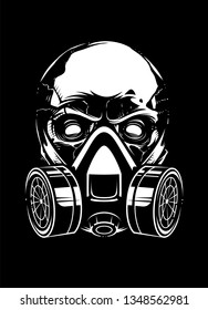 White skull in respirator on black background. Vector art. 