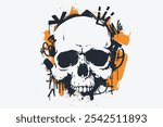 White skull silhouette in grunge style on paint stroke texture background. Skull stencil with graffiti tags, scribbles, ink drips. Ideal for wall decoration, t-shirt print, poster, music cover, etc.