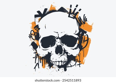 White skull silhouette in grunge style on paint stroke texture background. Skull stencil with graffiti tags, scribbles, ink drips. Ideal for wall decoration, t-shirt print, poster, music cover, etc.