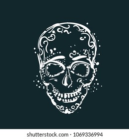 White Skull Tattoo On Dark Background Mexican Holiday Element