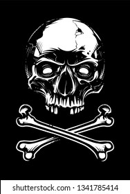 White skull with two crossed bones looking on black background. Vector art. 