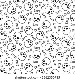 White skulls and bones with black outline on white background. Vector seamless pattern. Best for textile, print, wrapping paper, package and Halloween decoration.