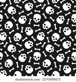 White skulls and bones with black outline on white background. Vector seamless pattern. Best for textile, print, wrapping paper, package and Halloween decoration.