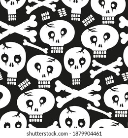 Calaveras blancas y huesos aislados sobre fondo negro. Patrón monocromo perfecto. Ilustración gráfica plana vectorial a mano. Textura.