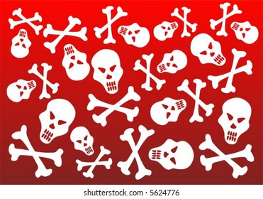 White skulls and bones on a red background.