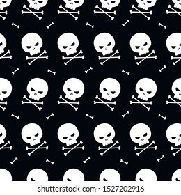 white skulls and bones seamless pattern on black background