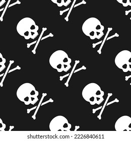 White skulls and crossed bones on black background. Vector seamless pattern. Best for textile, print, wrapping paper, package and decoration.