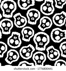 White skulls isolated on black background. Cute monochrome seamless pattern. Cartoon sketch. Hand drawn vector flat graphic illustration. Texture.