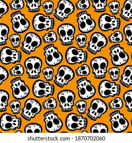 White skulls isolated on orange background. Cute cartoon seamless pattern. Vector flat graphic hand drawn illustration. Texture.