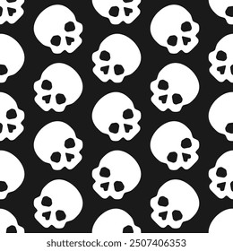 White skulls on black background. Vector seamless pattern. Best for textile, print, wrapping paper, package and Halloween decoration.