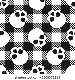 Cráneos blancos sobre fondo negro de guinga. Patrón sin fisuras de Vector. Mejor para textiles, impresión, papel de embalaje, paquete y decoración de Halloween.