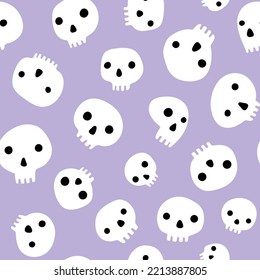 White skulls on light purple Halloween seamless pattern. Funny skull faces on pastel violet background. Emo y2k repeat pattern.