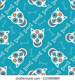 White skulls of wolves with flowers and bones on a blue background. For background, day of the dead, Halloween holiday, wrapping paper, Wallpaper, fabric, textile. Designer original print.