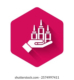 White Skyscraper icon isolated with long shadow background. Metropolis architecture panoramic landscape. Pink hexagon button. Vector