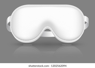 White Sleeping Mask. Blindfold For Airplane Relax. Cover On Eyes. Realistic Vector Mockup. Illustration Of Mask Sleep For Eye Relaxation Night In Airplane