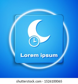 White Sleeping moon icon isolated on blue background. Blue square button. Vector Illustration