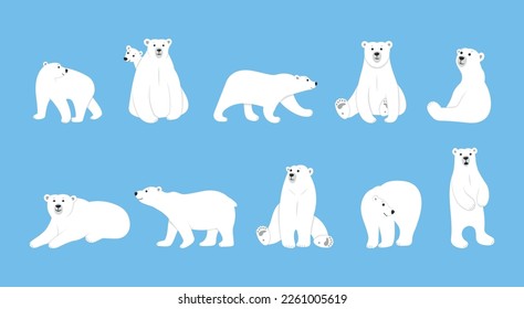 White sleeping winter polar bear. Animals wildlife in arctic. Tundra grizzly poses. Mother with cub. Mammal sitting or walking. Standing north predator. Vector illustration utter set