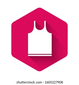 White Sleeveless T-shirt icon isolated with long shadow. Pink hexagon button. Vector Illustration