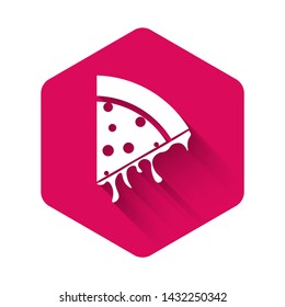 White Slice of pizza icon isolated with long shadow. Pink hexagon button. Vector Illustration