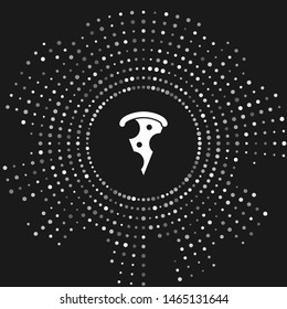 White Slice of pizza icon isolated on grey background. Fast food menu. Abstract circle random dots. Vector Illustration