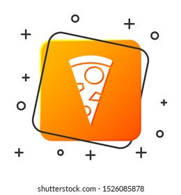 White Slice of pizza icon isolated on white background. Orange square button. Vector Illustration
