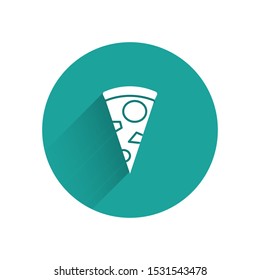 White Slice of pizza icon isolated with long shadow. Green circle button. Vector Illustration