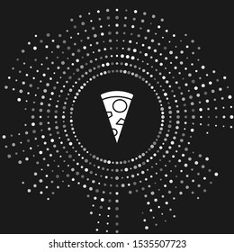 White Slice of pizza icon isolated on grey background. Abstract circle random dots. Vector Illustration