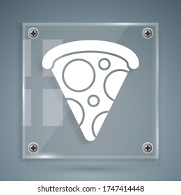White Slice of pizza icon isolated on grey background. Fast food menu. Square glass panels. Vector Illustration